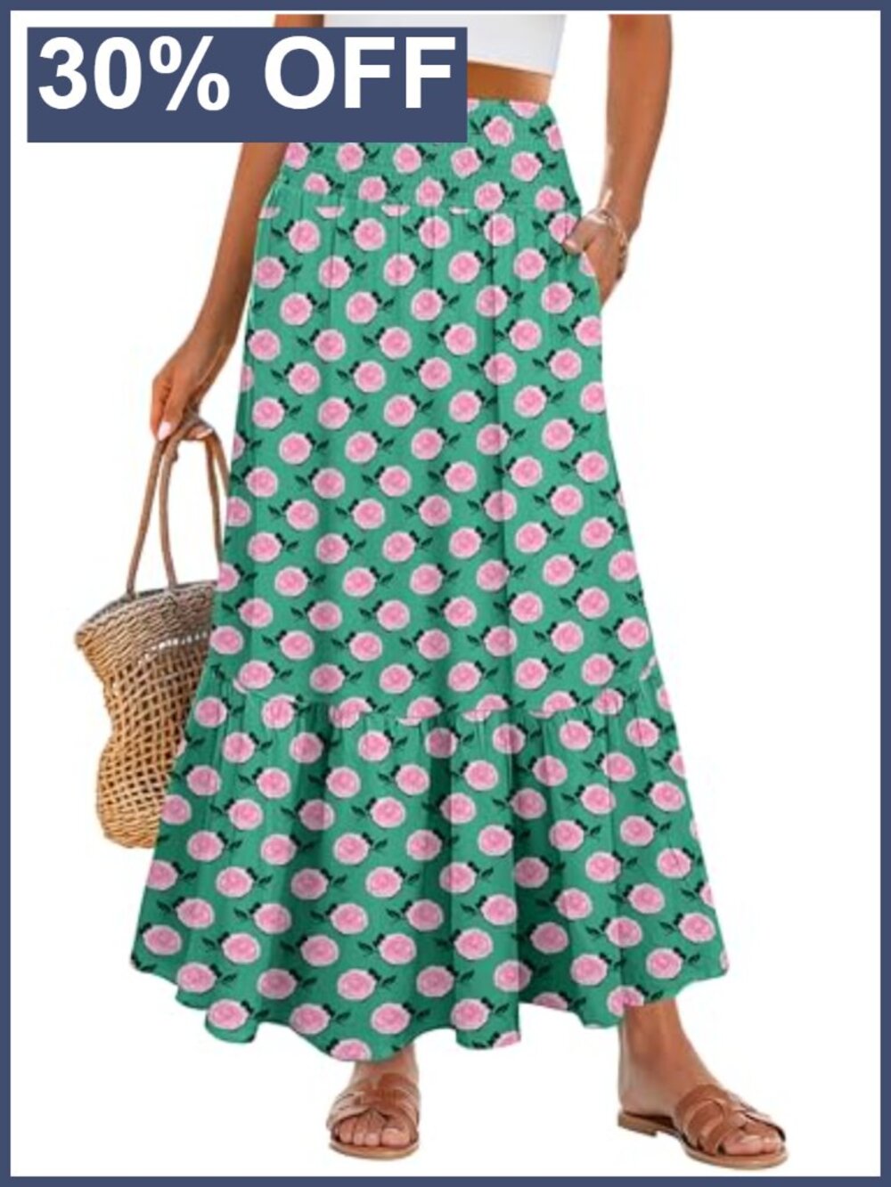 Boho Floral Maxi Skirt High Waisted Tiered Flowy Beach Skirt with Pockets